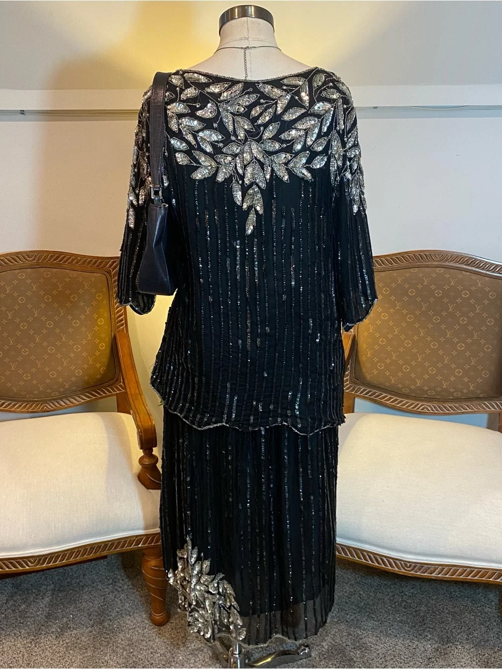 Vintage 70s Glam Black Beaded Sequined Skirt Set with Silver Leaf Embellishments
